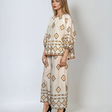 Fustă-pantalon largă cu broderie geometrică și talie elastică alb