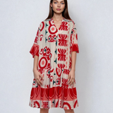 Rochie vaporoasă cu print floral și mânecă clopot rosu