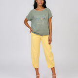 Tricou din in și bumbac cu print Beautiful kaki