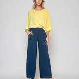 Pantaloni lungi din in cu nasturi decorativi pe buzunare bleumarin