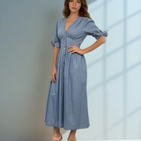 Rochie lungă jeans cu fundă la mânecă și decolteu albastru-jeans