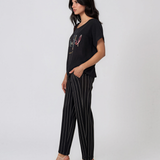 Tricou din in și bumbac cu print Beautiful negru