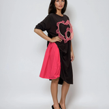 Rochie lungă albastru din bumbac cu inserție și floare din organza cu perle ciclam