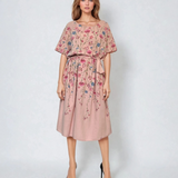 Rochie in print floral cu cordon-Roz