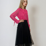 Fustă midi din tulle cu fundițe și aspect satinat negru