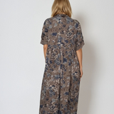 Rochie lungă din bumbac cu print floral și mânecă 3/4 grej