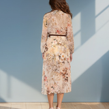 Rochie plisată cu legătură la guler și curea roz crem