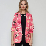 Sacou cu print abstract floral și scrisuri roz