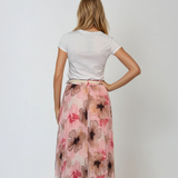 Fustă lungă plisată cu curea și print floral roz