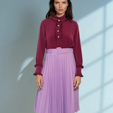 Bluză din voal cu volane la guler și mâneci mov