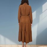 Rochie lungă cu legătură la guler și curea maro