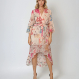Rochie asimetrică din voal cu print floral și cordon alb