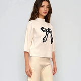 Pulover tricotat cu fundă ?i mânecă 3/4 alb