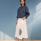 Cămașă din denim cu mânecă lungă și broderie pe spate bleumarin