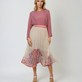 Fustă lungă plisată cu print floral și crinolină fluidă roz