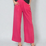 Pantaloni lungi din in cu nasturi decorativi pe buzunare ciclam
