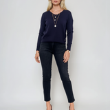 Pulover cu șiret la decolteu în V bleumarin