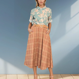 Fustă lungă cloș cu buzunare și carouri roz