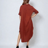 Rochie midi cămașă din in cu mânecă lungă și șlițuri laterale caramiziu