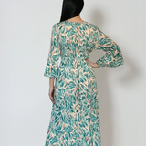 Rochie lungă cu print floral și mânecă clopot aqua