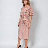 Rochie in print floral cu cordon-Roz