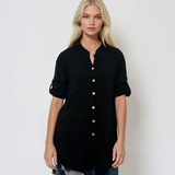 Cămașă din in cu guler tunică și broderie fluture negru
