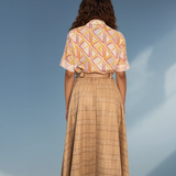 Fustă lungă cloș cu buzunare și carouri mustar