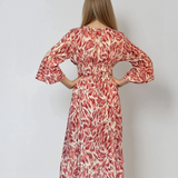 Rochie lungă cu print floral și mânecă clopot rosu