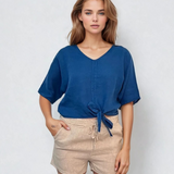 Bluza din in lejeră cu legătură și decolteu în V albastru albastru