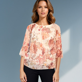 Bluză din voal cu print floral și mânecă 3/4 crem