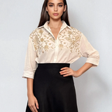 Cămașă din bumbac cu broderie pe umeri  și  croială lejeră alb