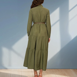 Rochie lungă cu legătură la guler și curea kaki