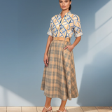 Fustă lungă cloș cu buzunare și carouri turcoaz