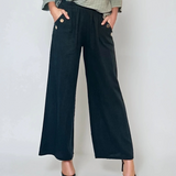 Pantaloni lungi din in cu nasturi decorativi pe buzunare negru