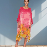 Rochie lungă din mix mătase cu print flora ciclam