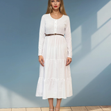 Rochie lungă cu bust din bumbac și curea în talie alb