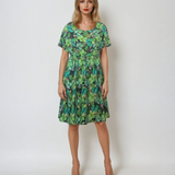 Rochie midi cu print floral și șnur în talie verde