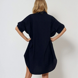 Rochie stil cămașă din in cu dungi bleumarin