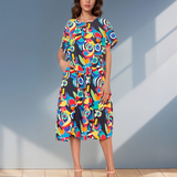 Rochie maneca scurta si print multicolor multicolor