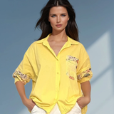 Bluză din bumbac cu dantelă florală la mâneci galben