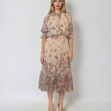 Rochie lungă din voal fluid cu volan jos și print floral alb