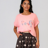 Tricou din in și bumbac cu print Beautiful roz