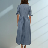 Rochie lungă jeans cu fundă la mânecă și decolteu albastru-jeans