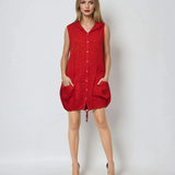 Rochie din in fără mâneci cu glugă și șiret pe margine rosu