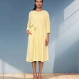 Rochie din bumbac cu flori aplicate și buzunare galben