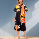 Rochie tip cămașă cu mânecă scurtă și print multicolor maro
