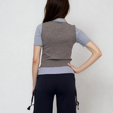 Pulover cu mânecă scurtă, guler cămașă și nasturi gri