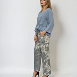Pantaloni cu print floral și șiret bleu