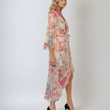 Rochie asimetrică din voal cu print floral și cordon alb