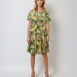 Rochie midi cu print floral și șnur în talie vernil
